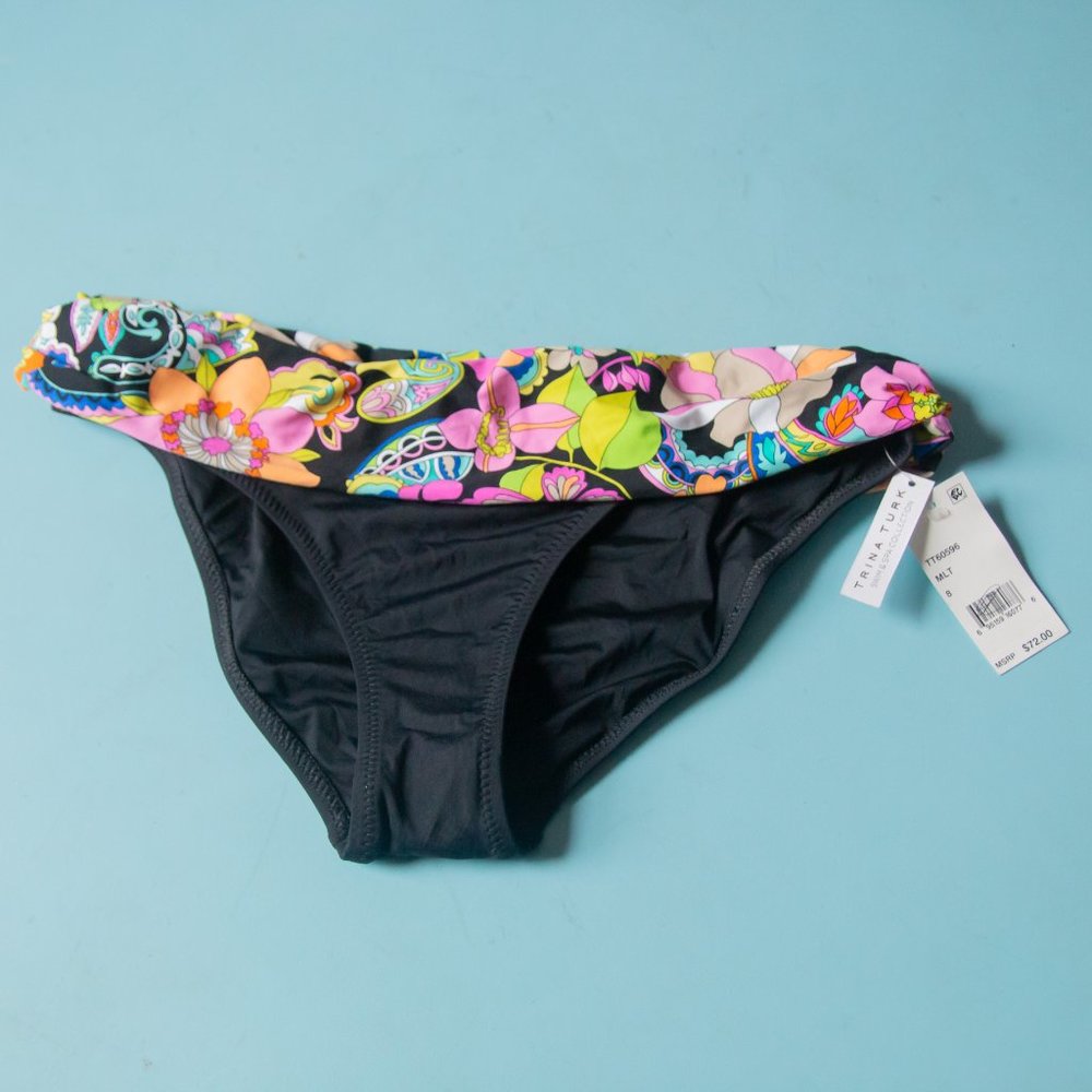 NEW Trina Turk Black Floral Fold Down Waist Hipster Bikini Bottoms Sz US 8